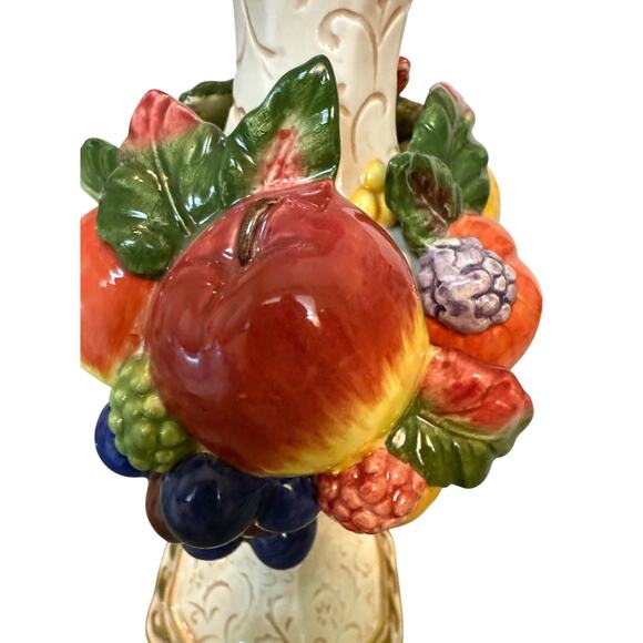 Vintage Ceramic Fruit Embellished Vase 9” – Tuscan Majolica Style Decor - Picture 2 of 5